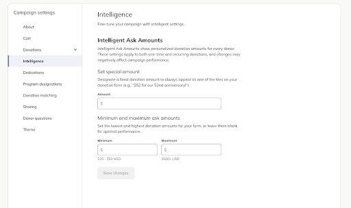 image of the advanced settings for Intelligent Ask Amounts in Studio campaign settings