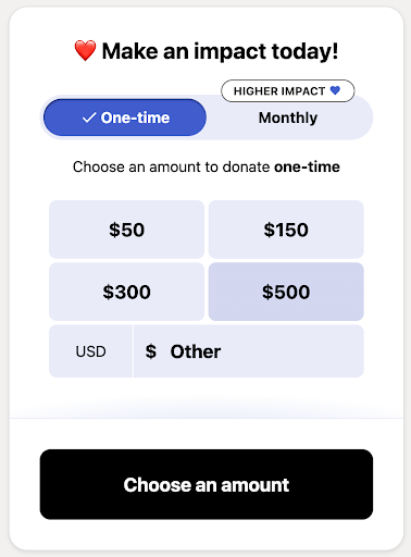 image of example donation form showing the donor view when optimize for monthly gifts setting is selected
