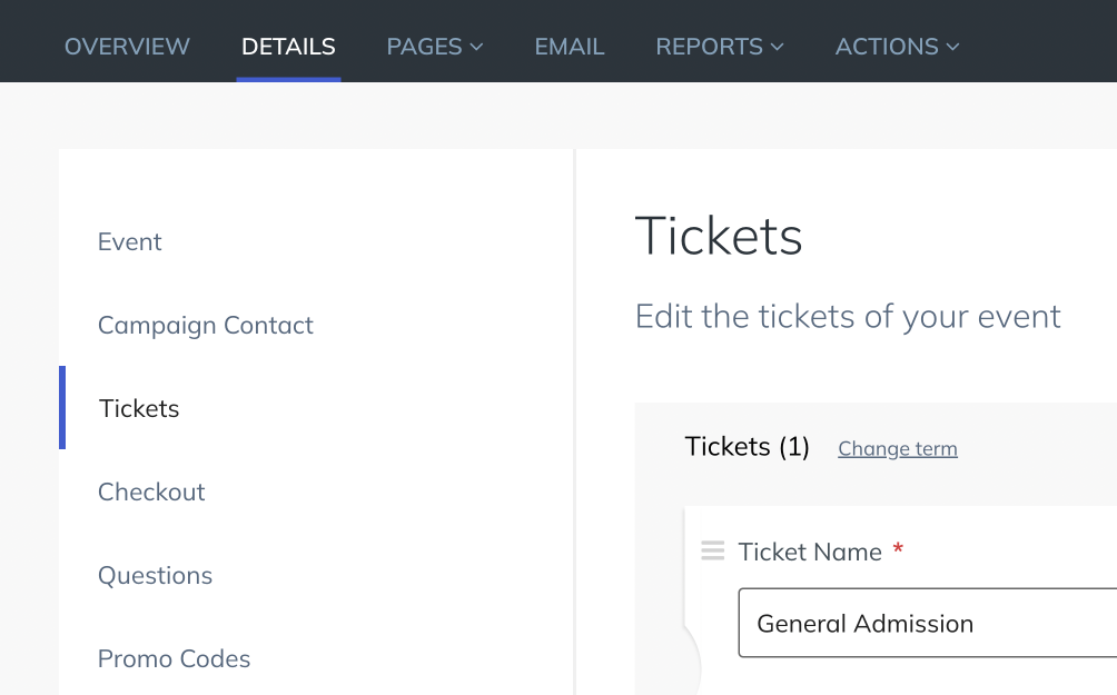 screenshot of the details tab and tickets menu