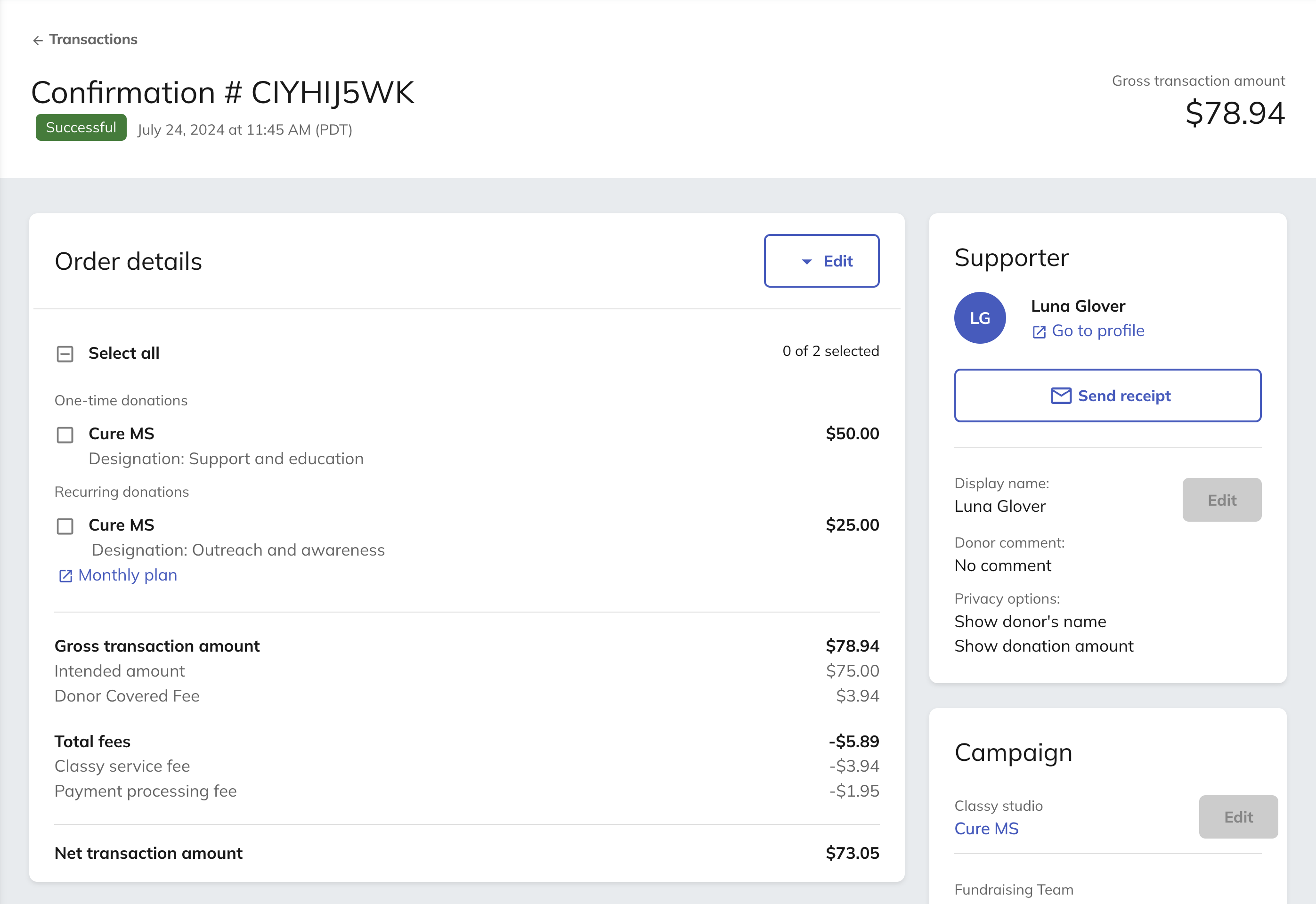 Giving Cart order page