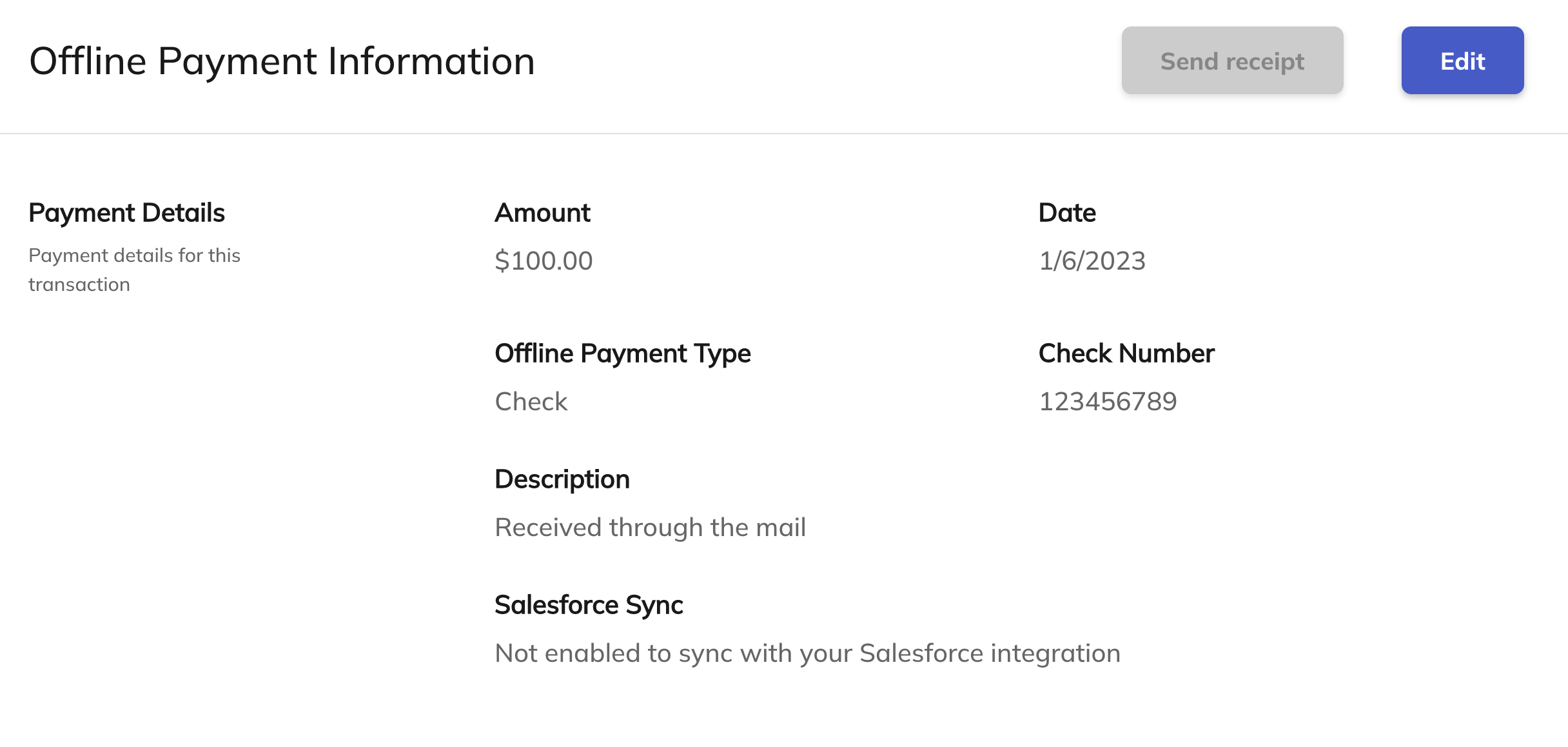 screenshot of offline payment information card