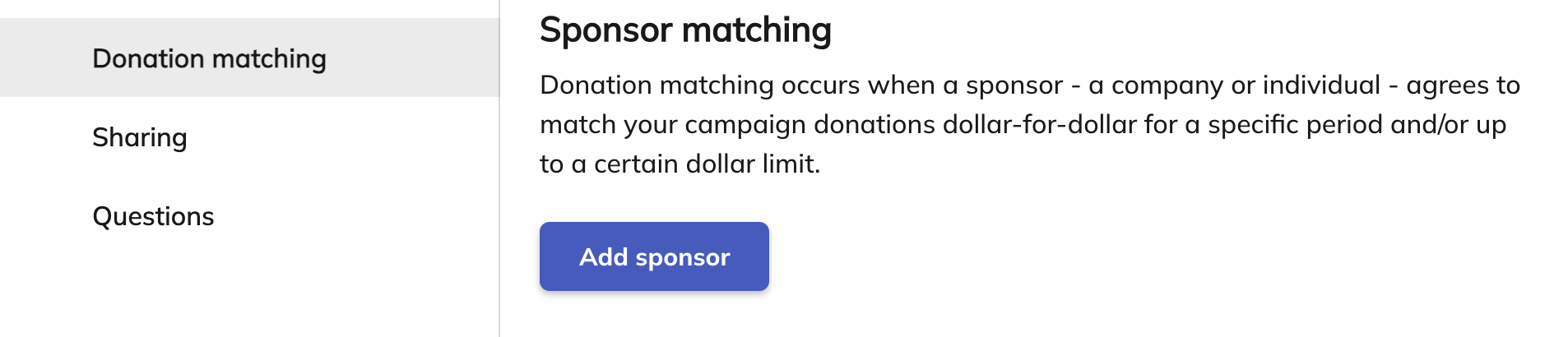 image of add sponsor button in donation matching settings