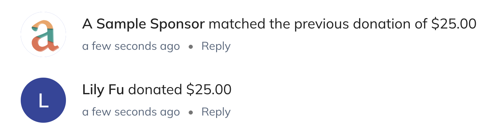 image of a matched donation in the activity feed