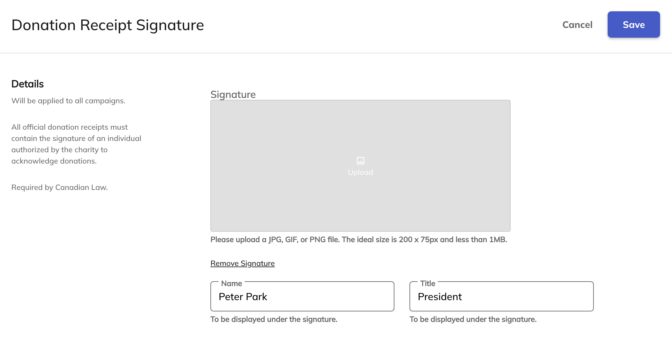 Donation signature receipt options