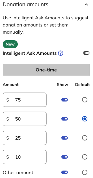 menu for customizing donation amounts