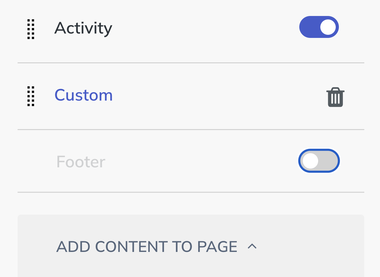 Screenshot of a footer turned off and the custom code block