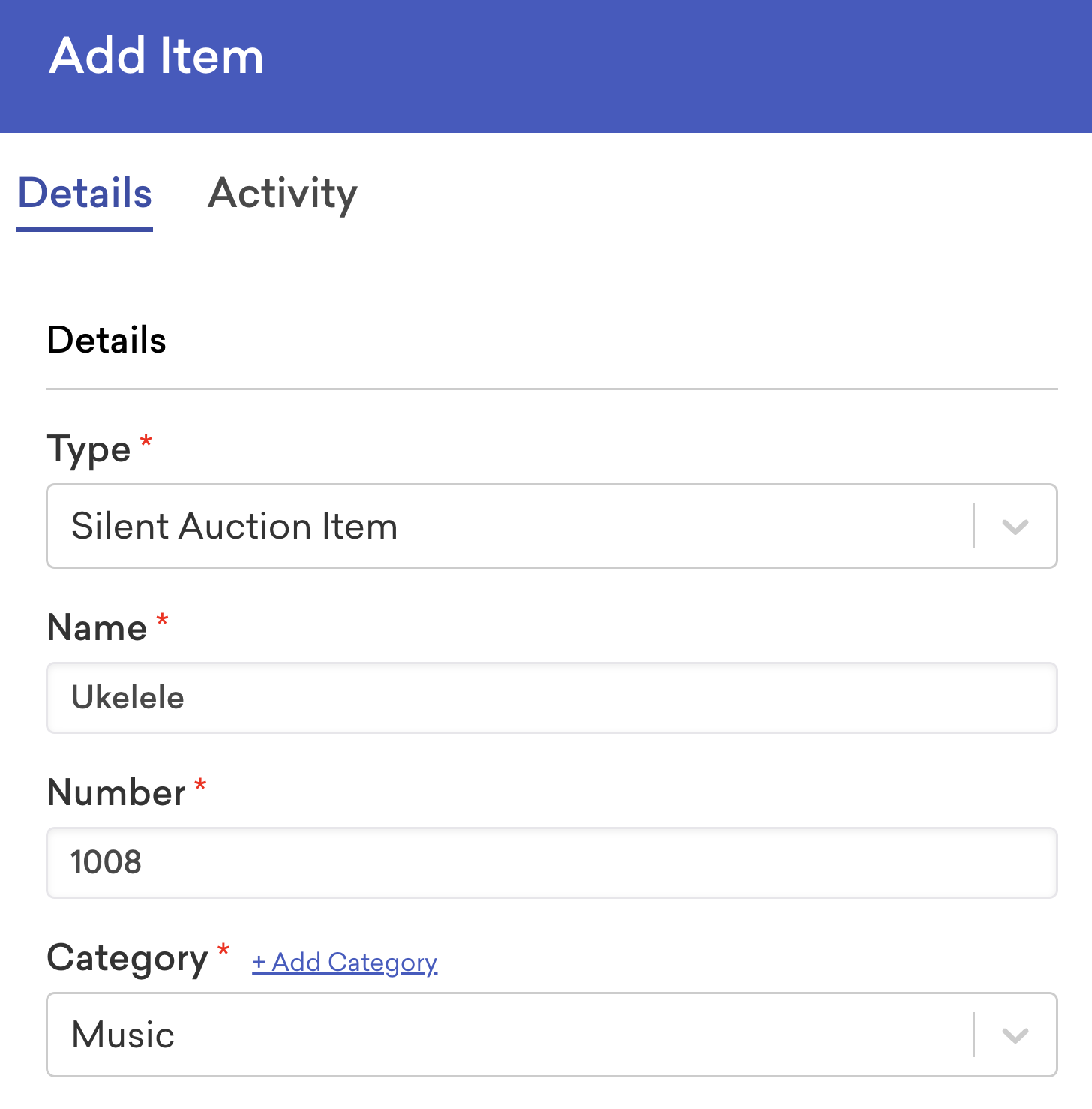 Screenshot of the add item form