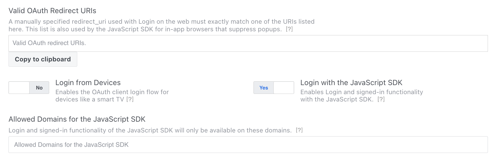 screenshot of the facebook login OAuth redirect settings