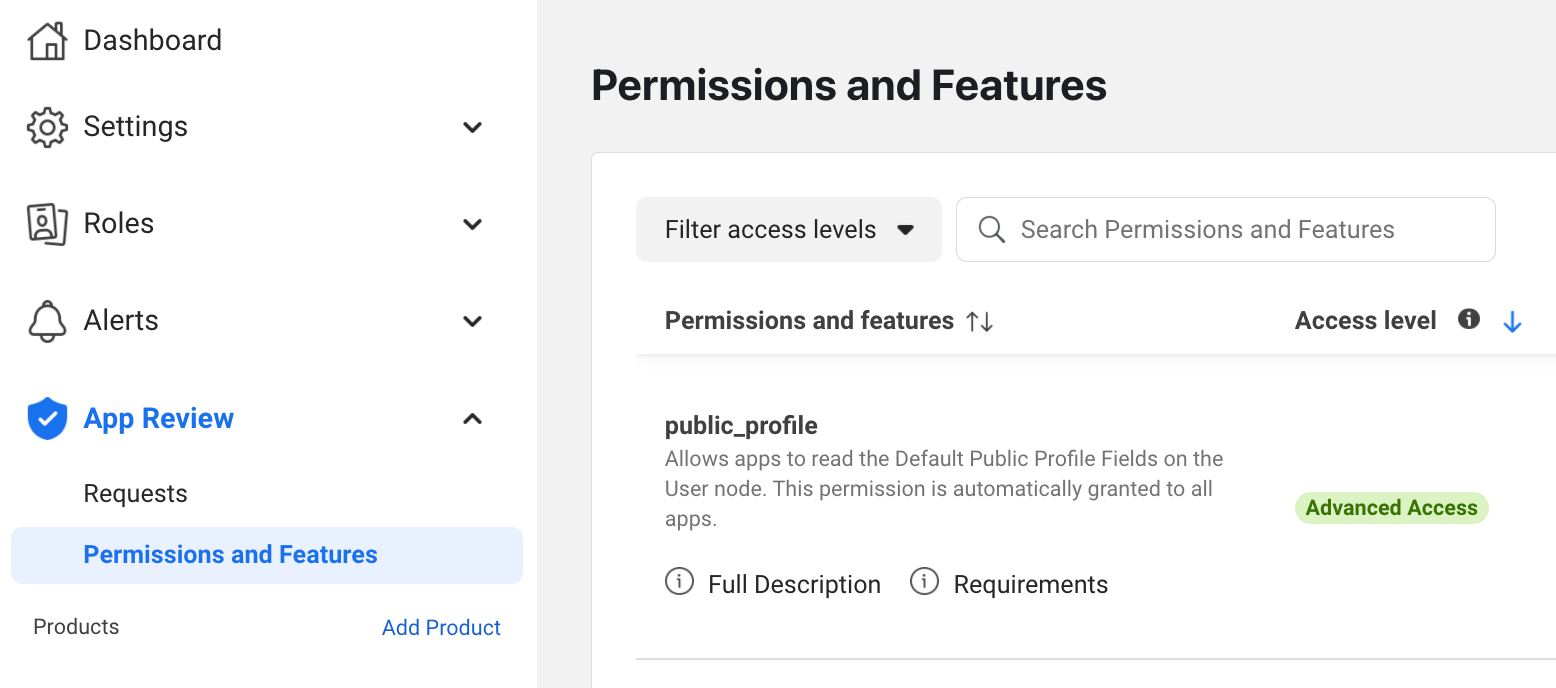 screenshot of the permissions and features page