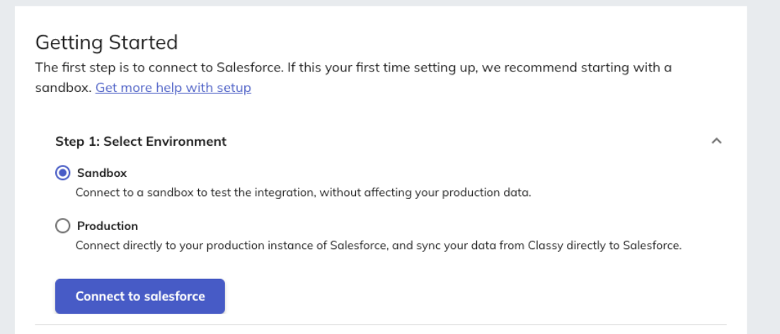 image of step 1 of install process. two options to select an environment, either sandbox or production