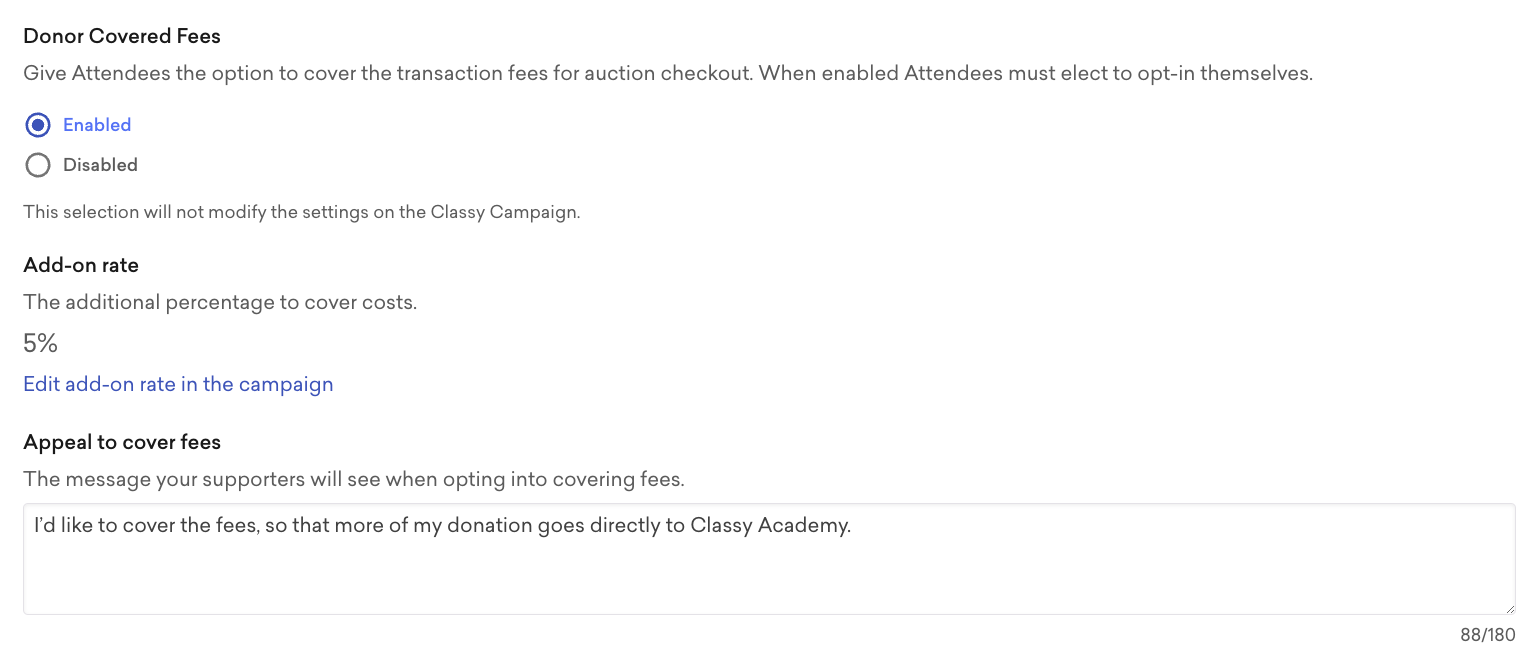 Donor covered fees settings in Classy Live