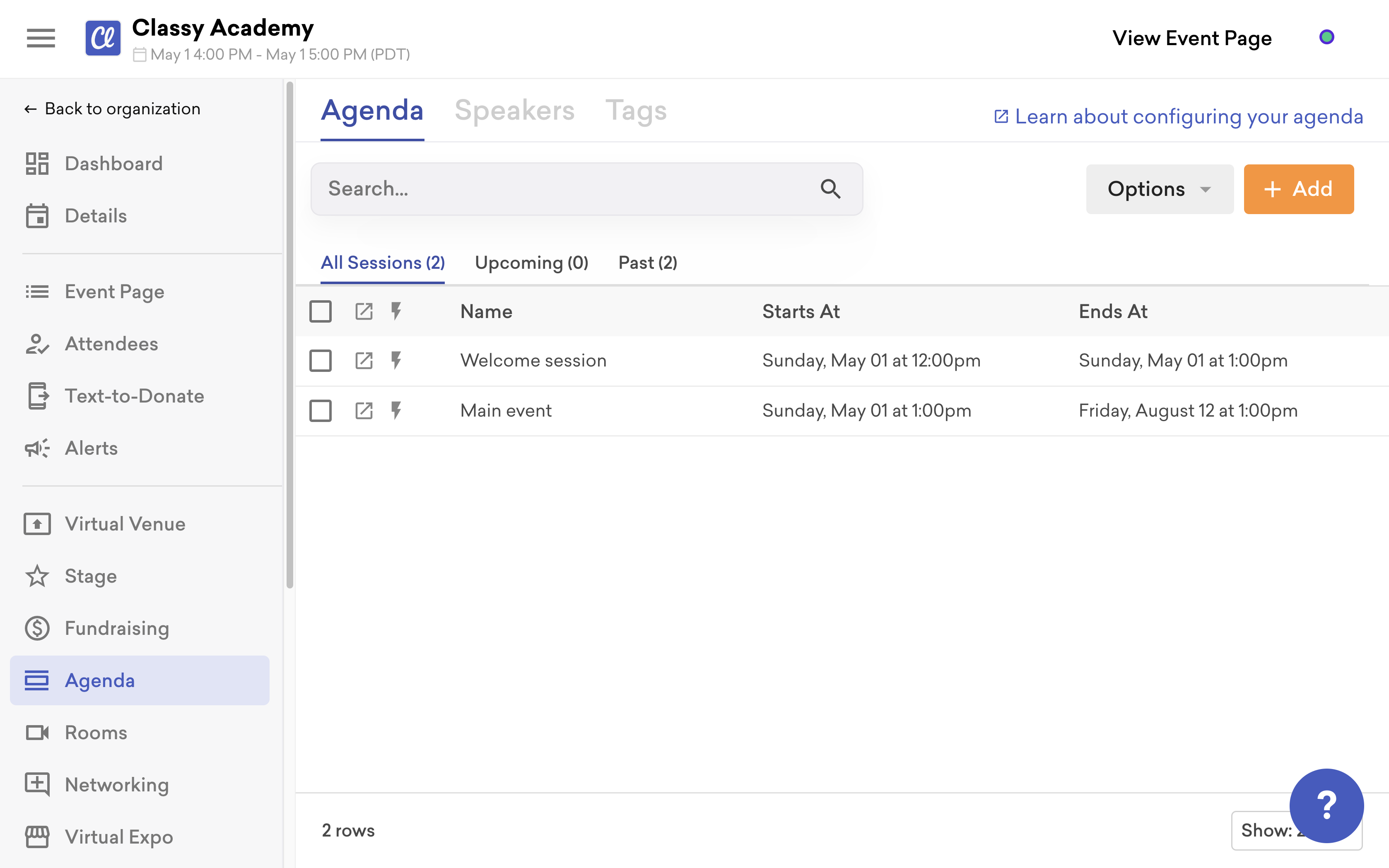 screenshot of the agenda page