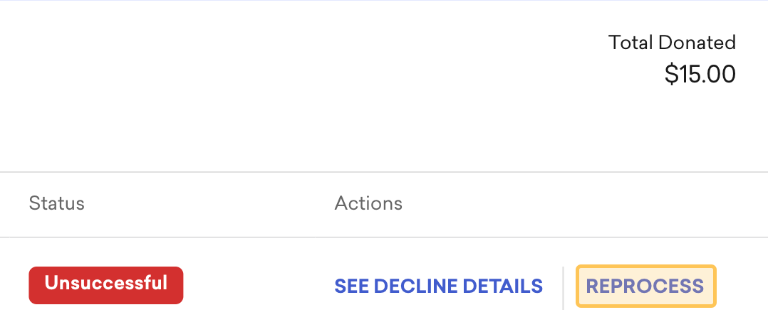 screenshot of an example failed recurring donation with the reprocess button highlighted