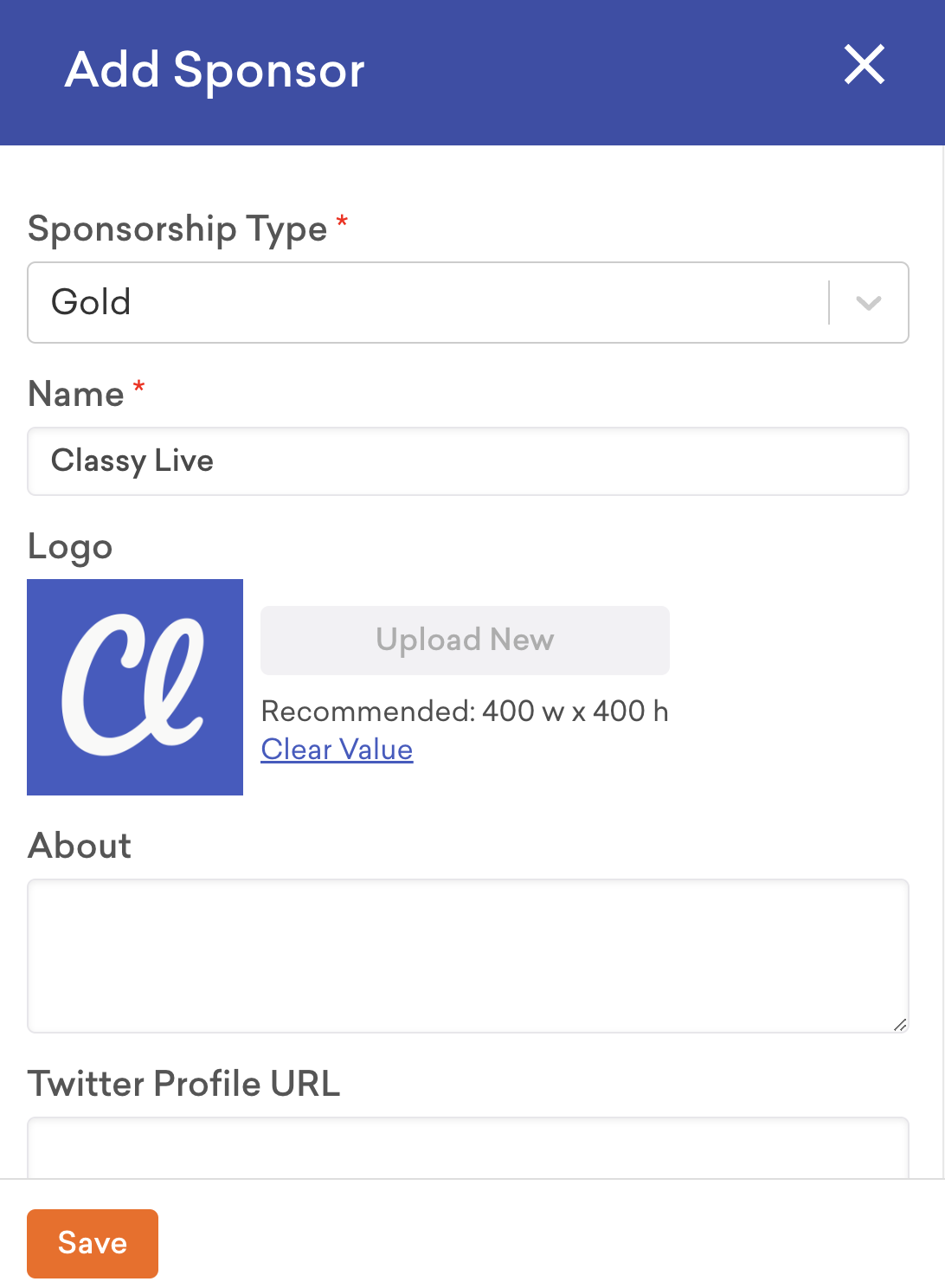 Screenshot of the add sponsor modal