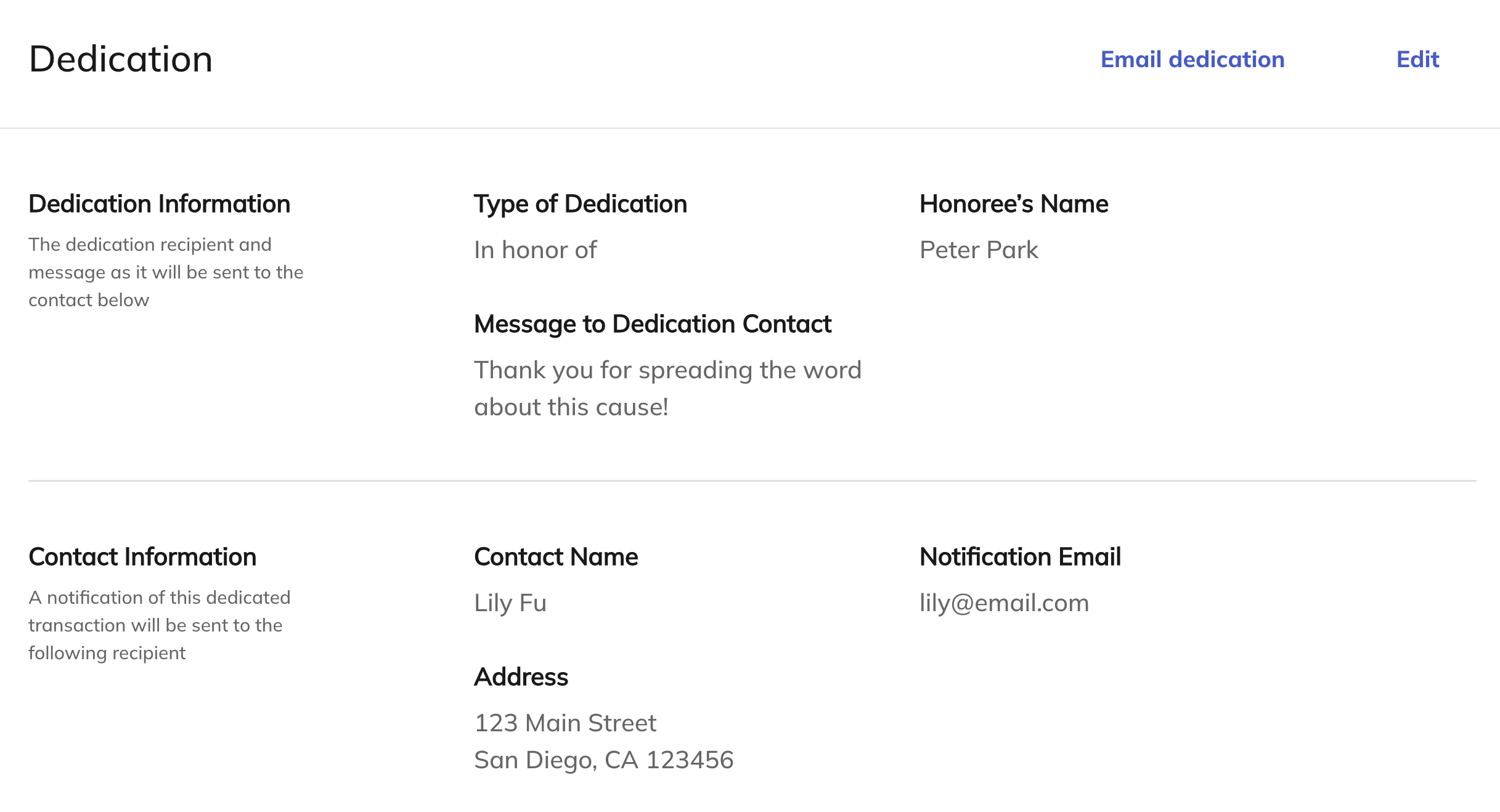 screenshot of the dedication card