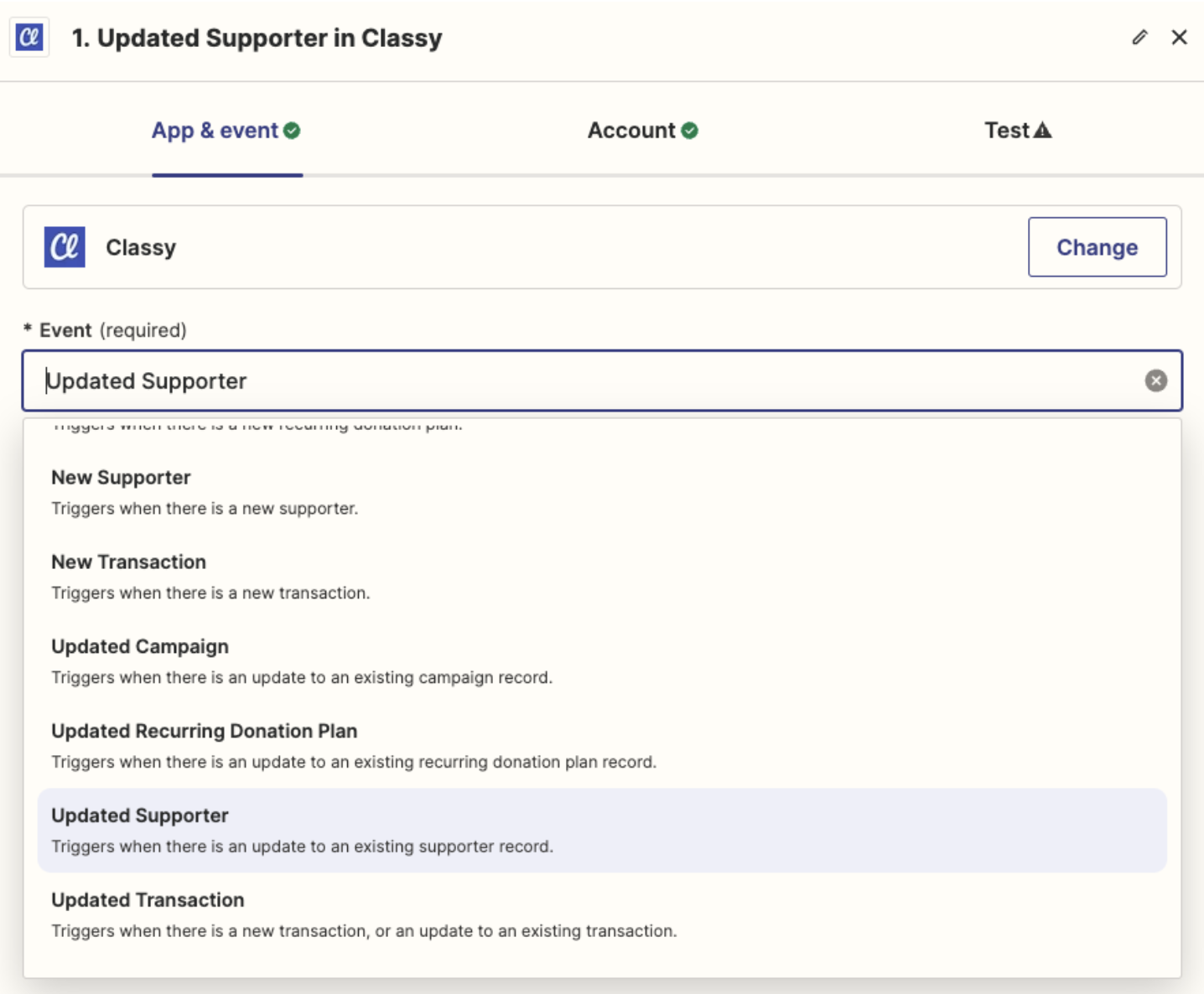 image of Updated Supporter trigger when building Zap