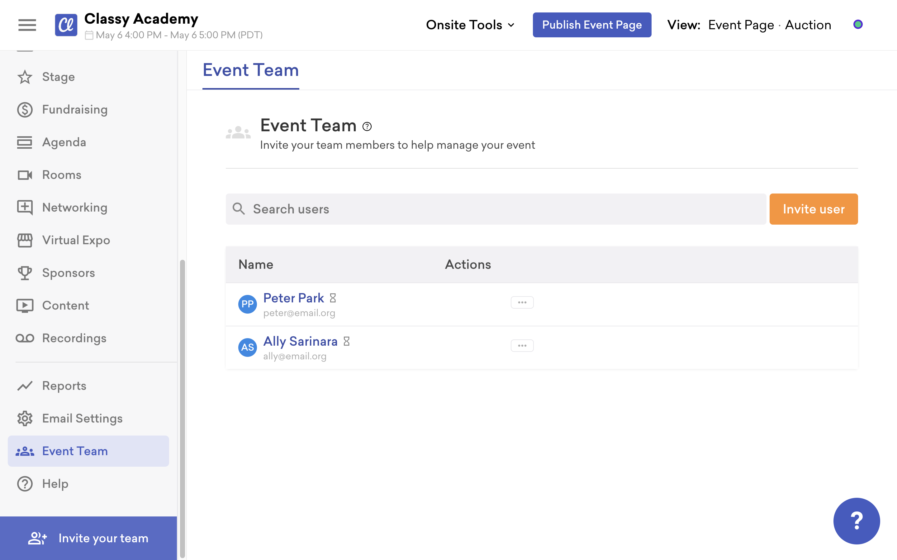 screenshot of the Event team menu in a Classy Live event