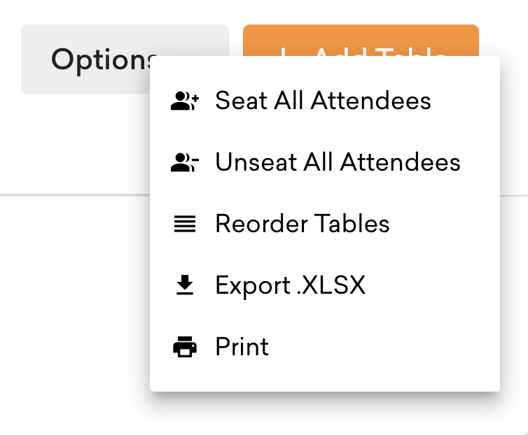 Screenshot of the options drop down menu