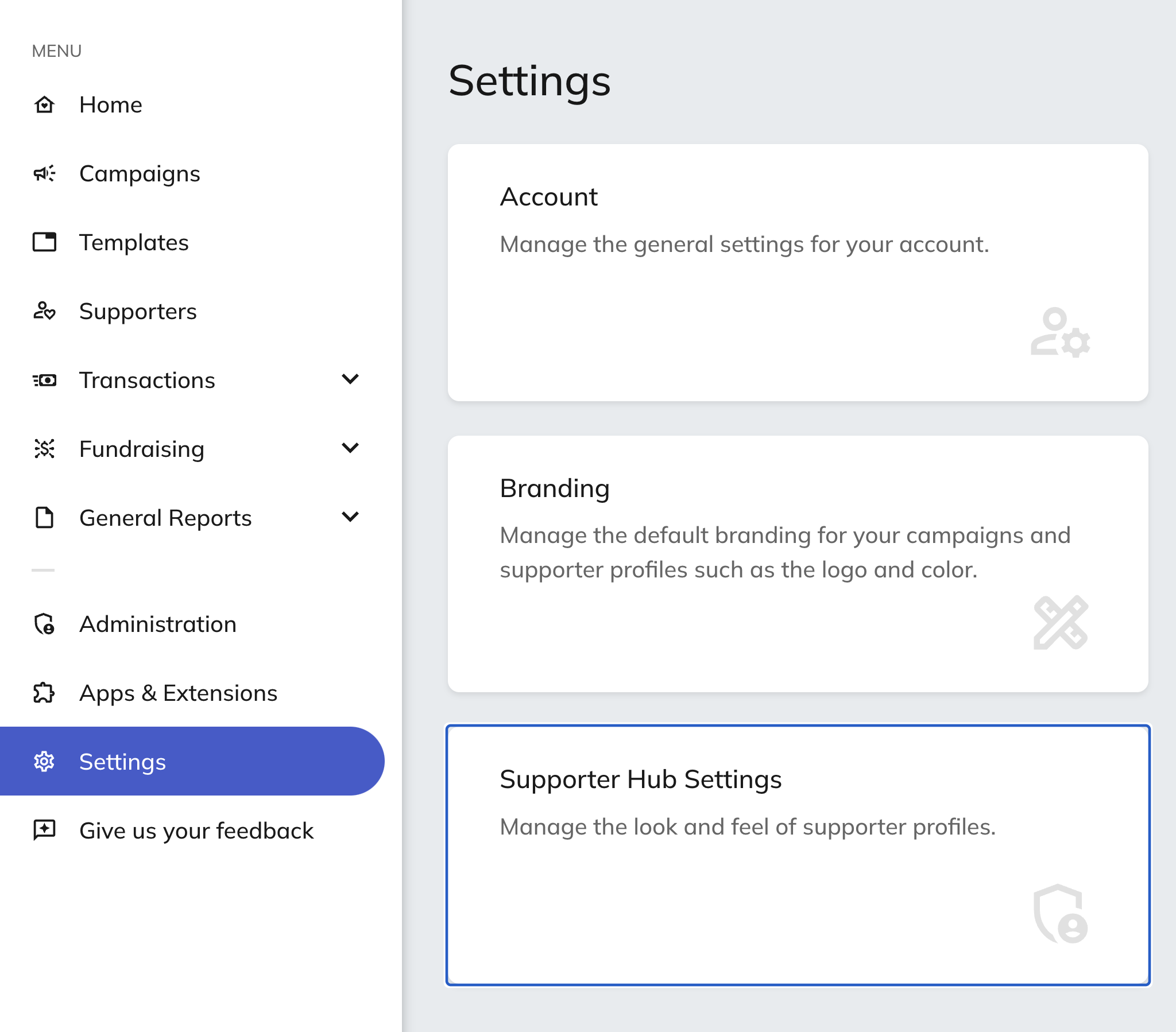 screenshot of Classy supporter hub settings