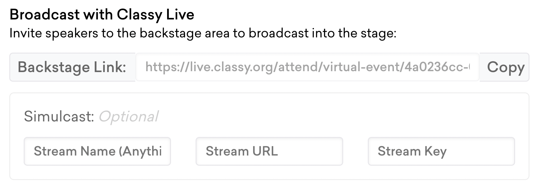 screenshot of the simulcast fields in stage