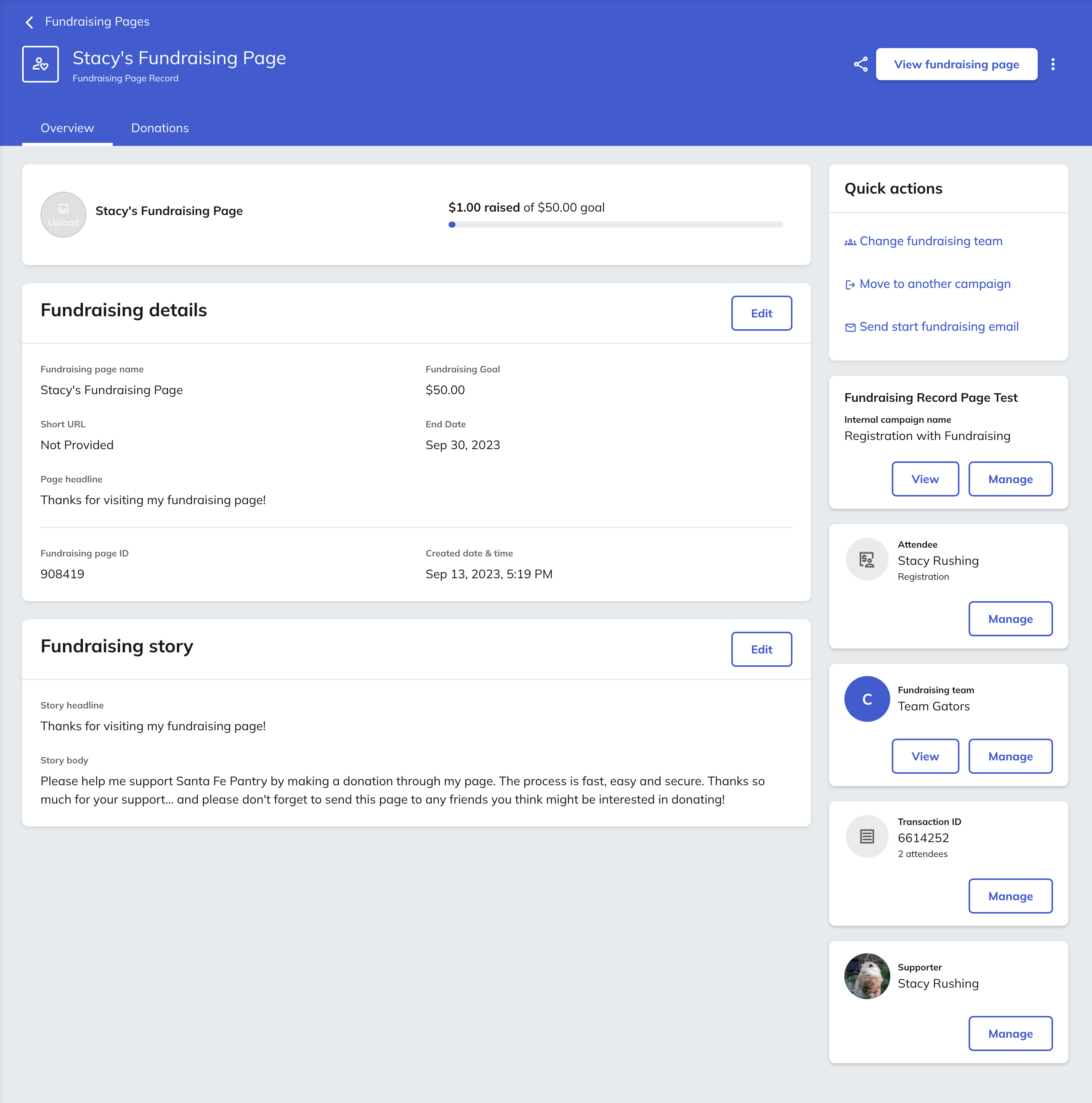 Fundraising page record page