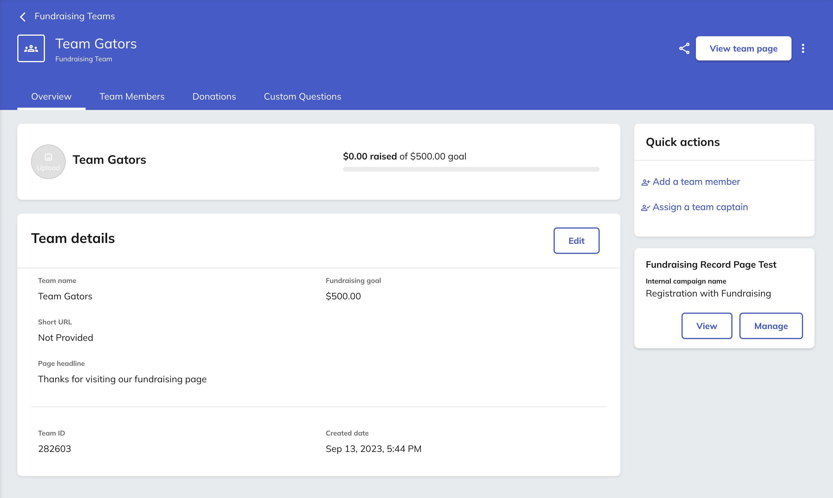 Fundraising team record page