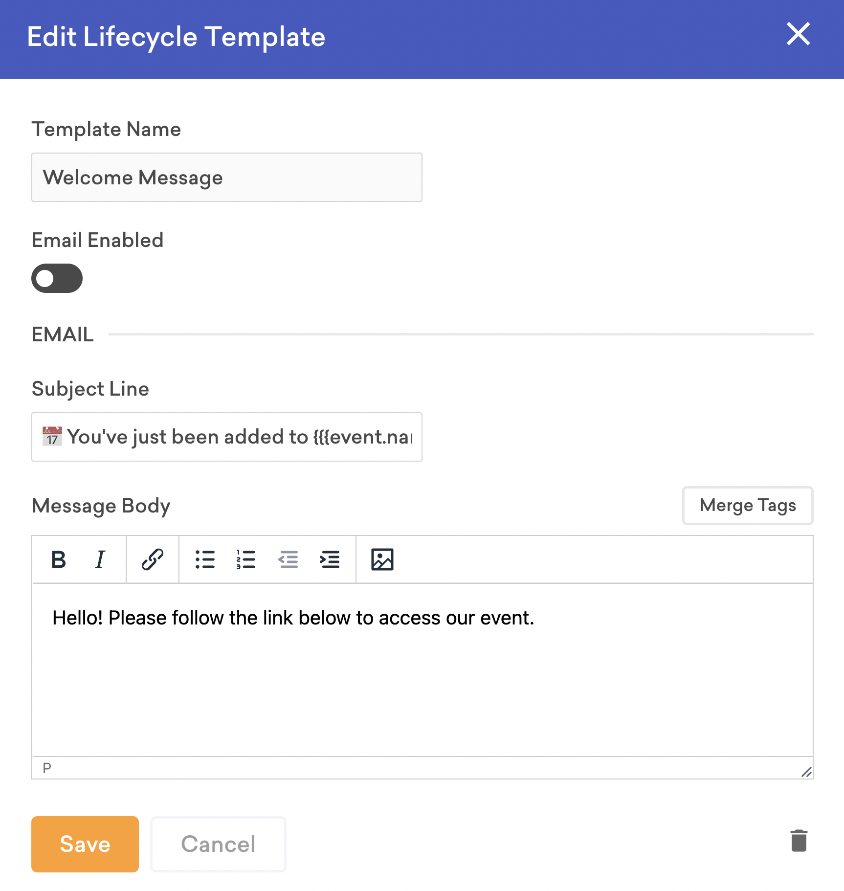 screenshot of the edit lifecycle template pop-up