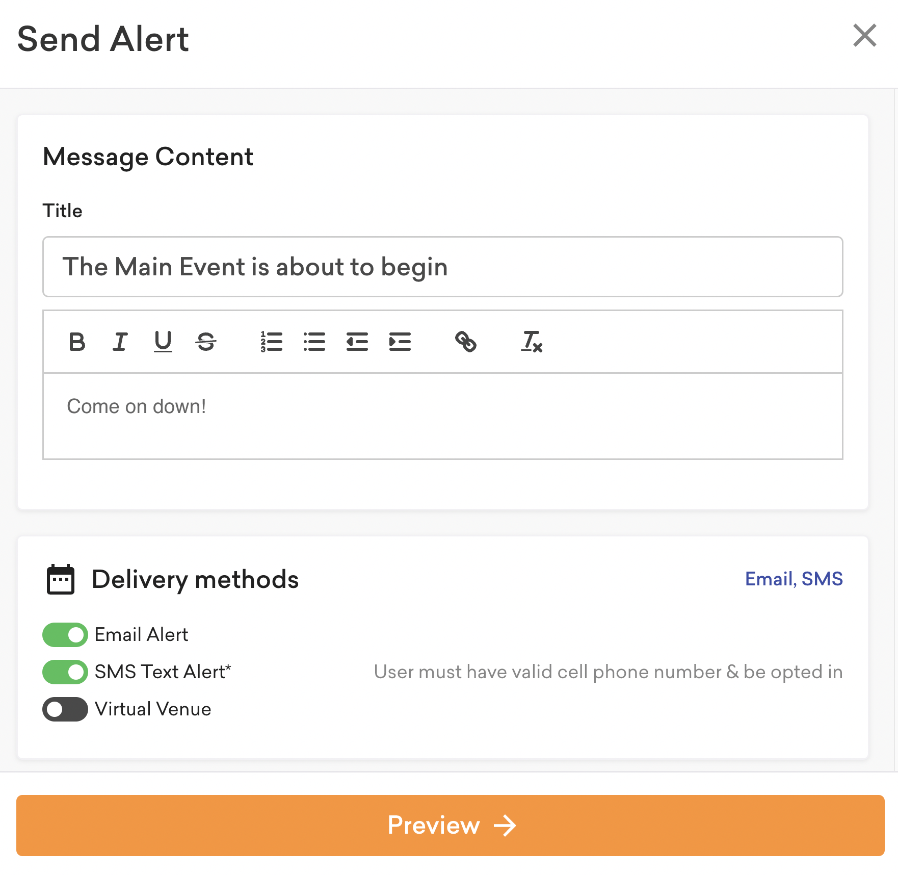 screenshot of the send alert pop-up