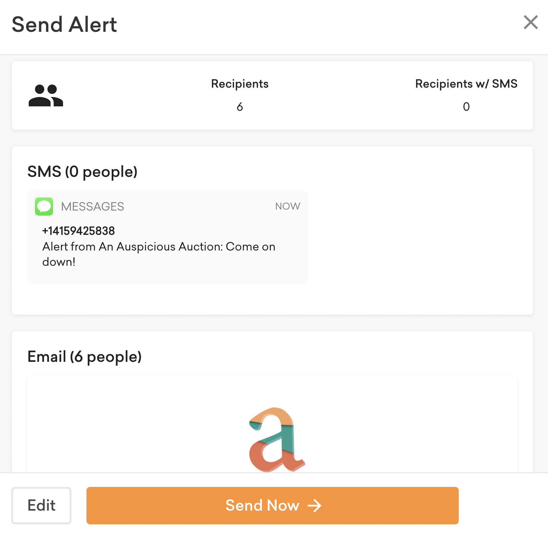 screenshot of the send alert pop-up