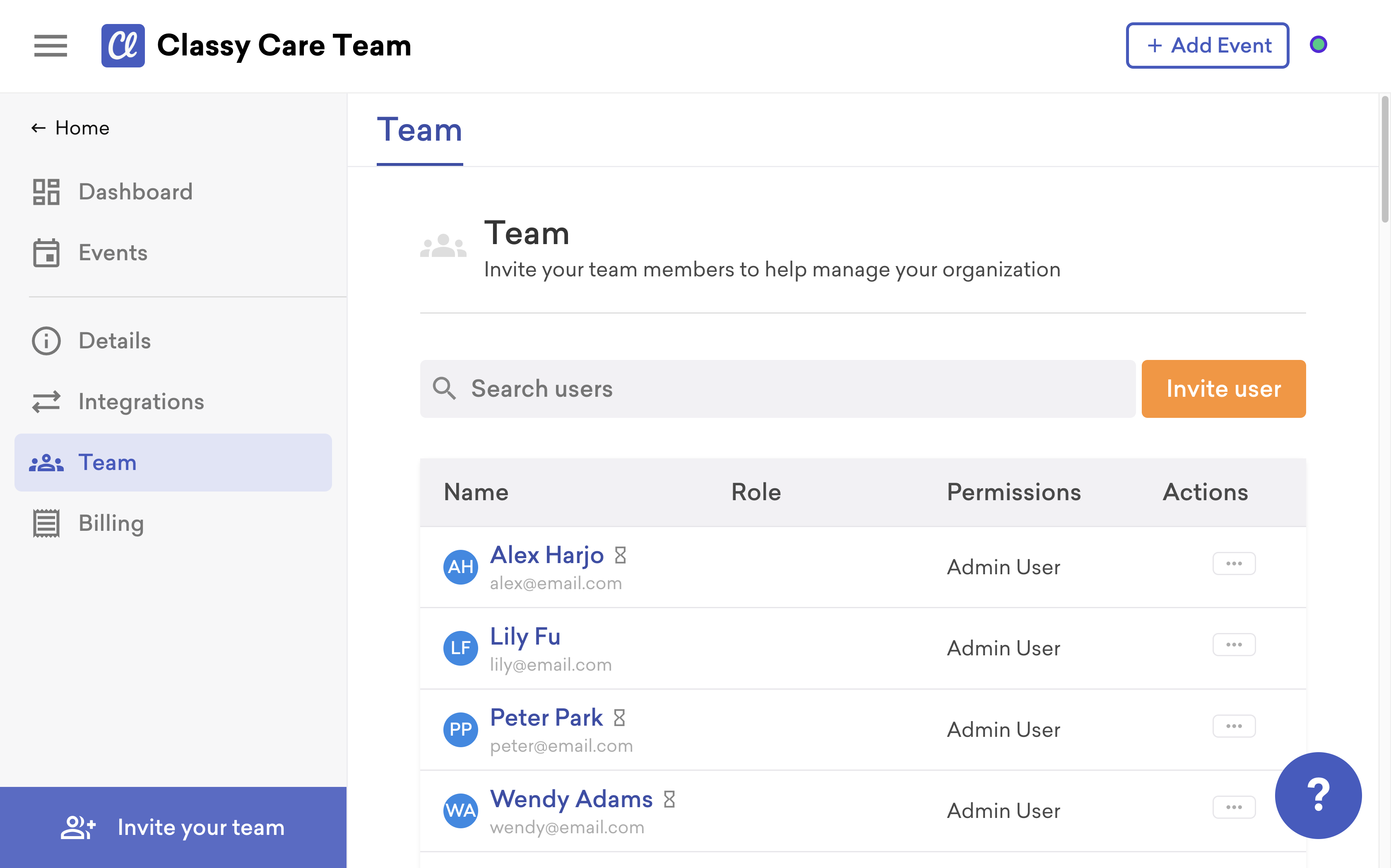 Screenshot of the team menu in Classy Live.