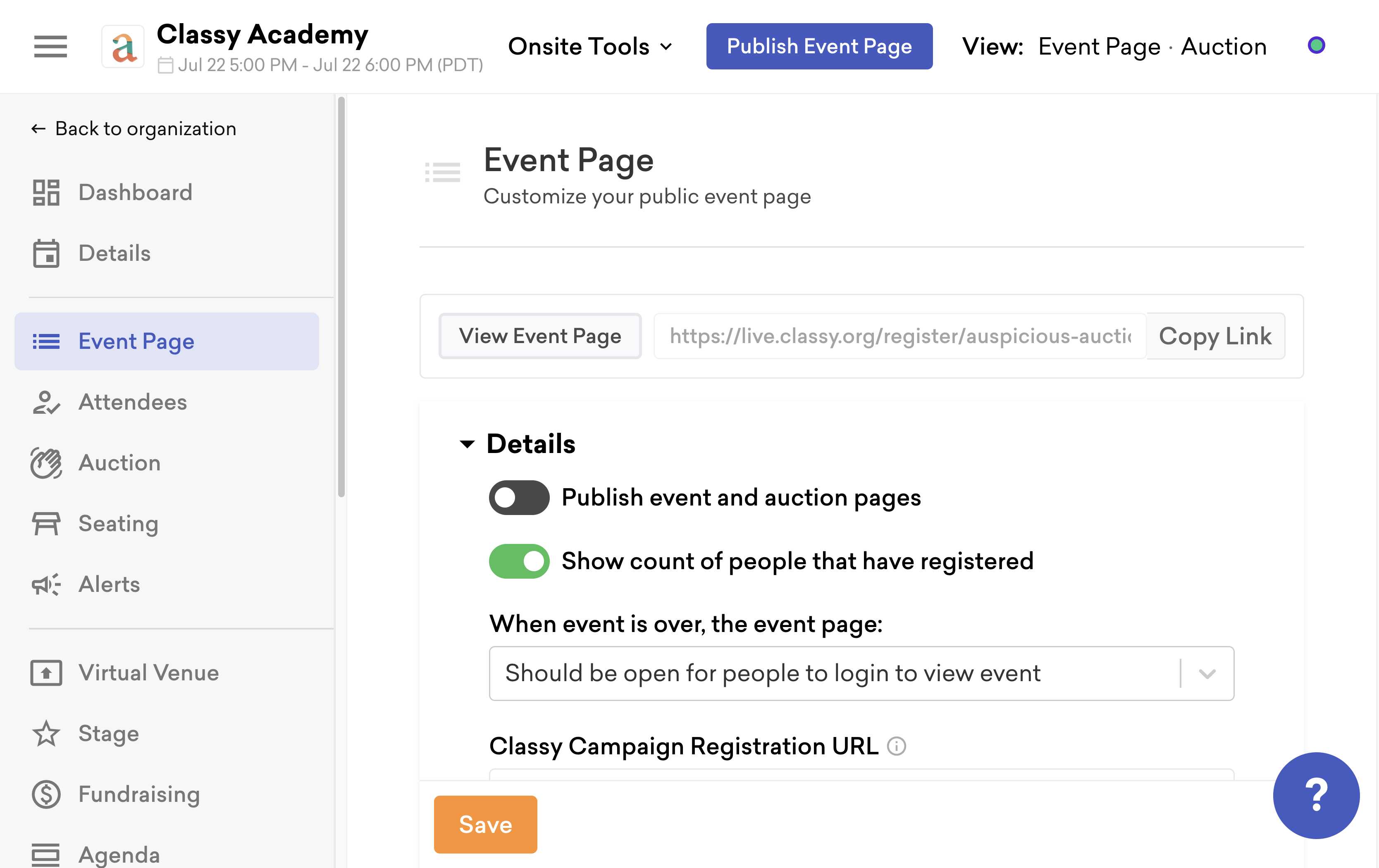 screenshot of the event page