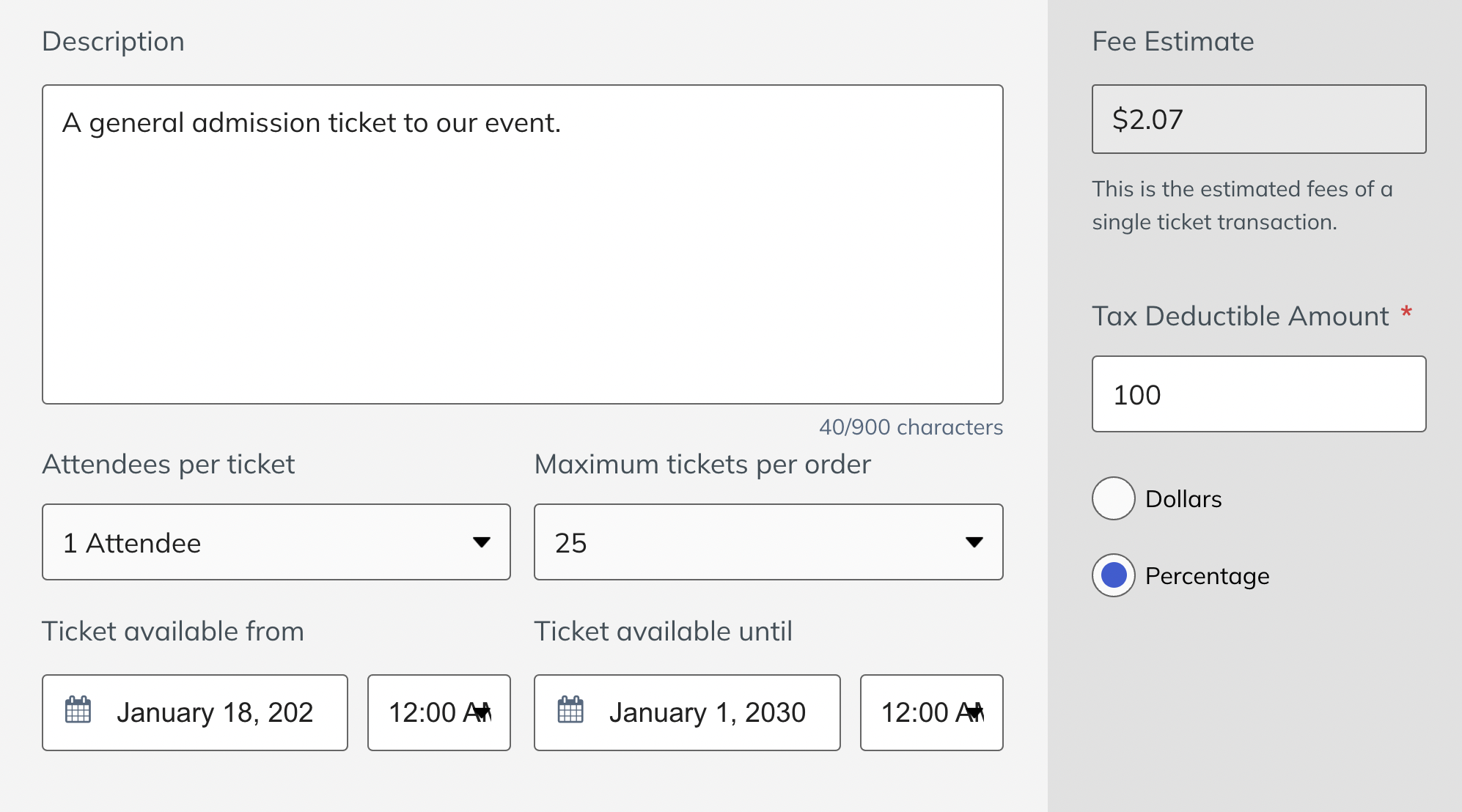 screenshot of the ticket details fields