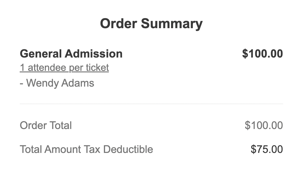 Screenshot of a supporter's receipt with the tax deductible amount shown