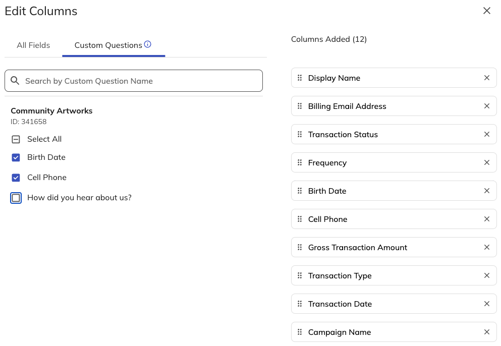image of adding custom questions in report columns