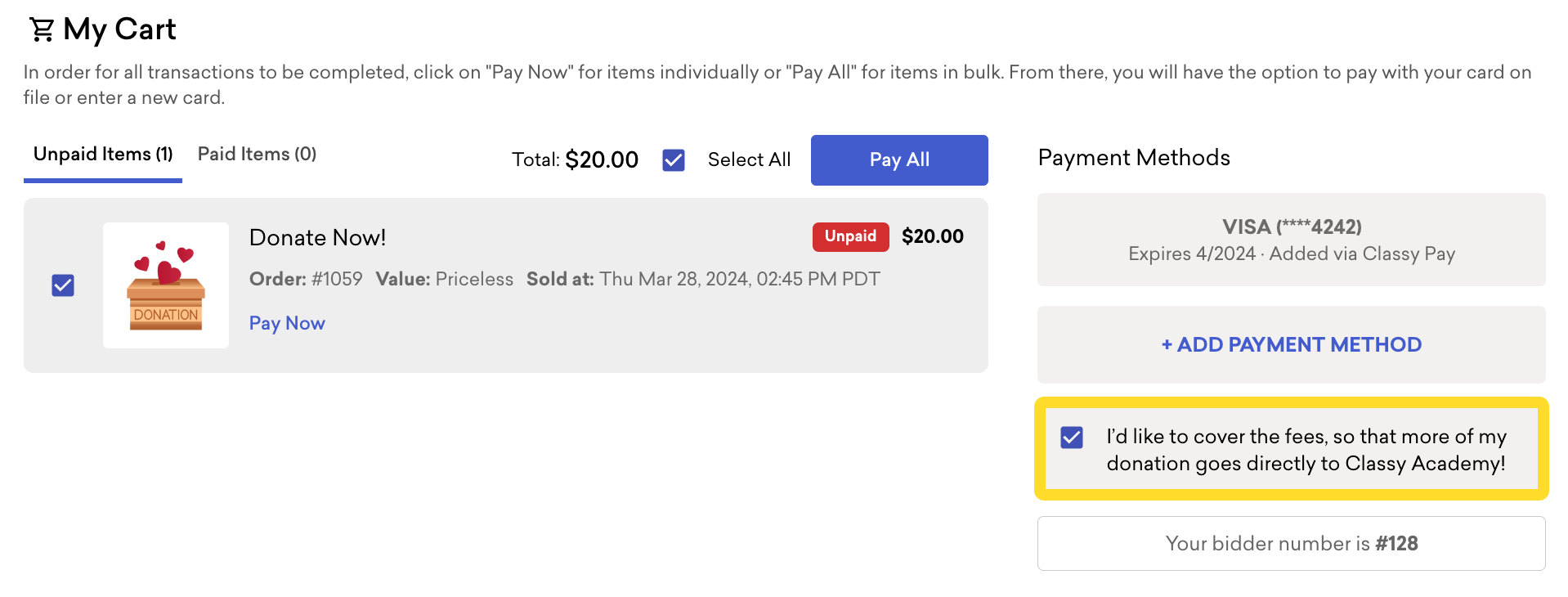 an attendee's cart in Classy Live