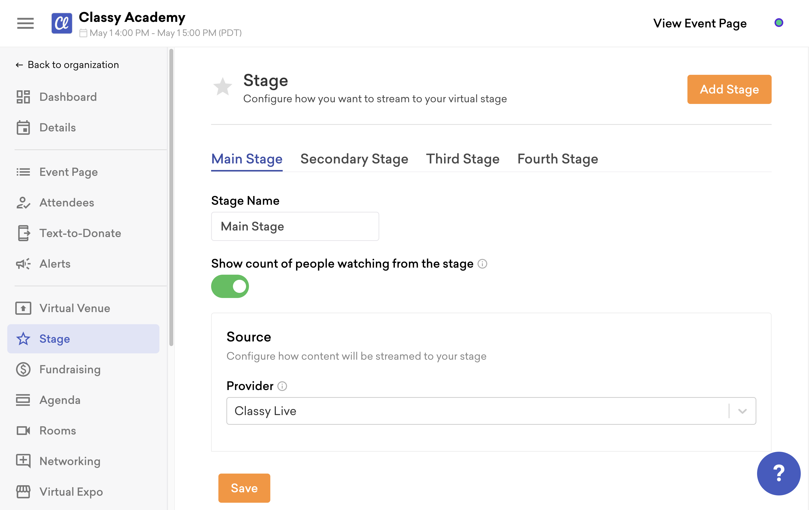 screenshot of the stage page