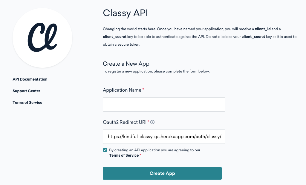 screenshot of the Classy API menu