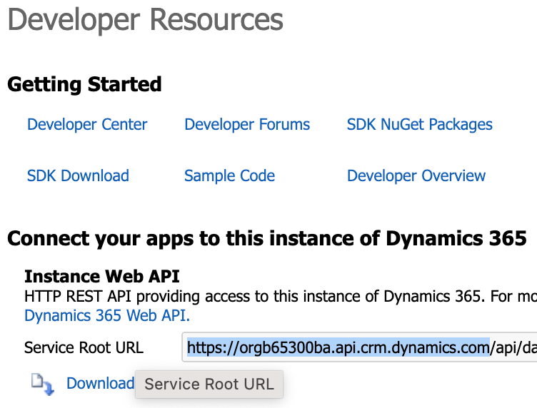 Screenshot of the service root URL in Dynamics