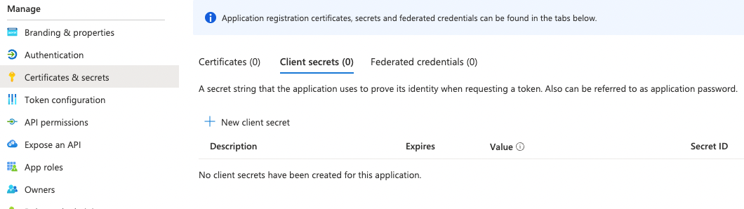Screenshot of the client secrets in dynamics