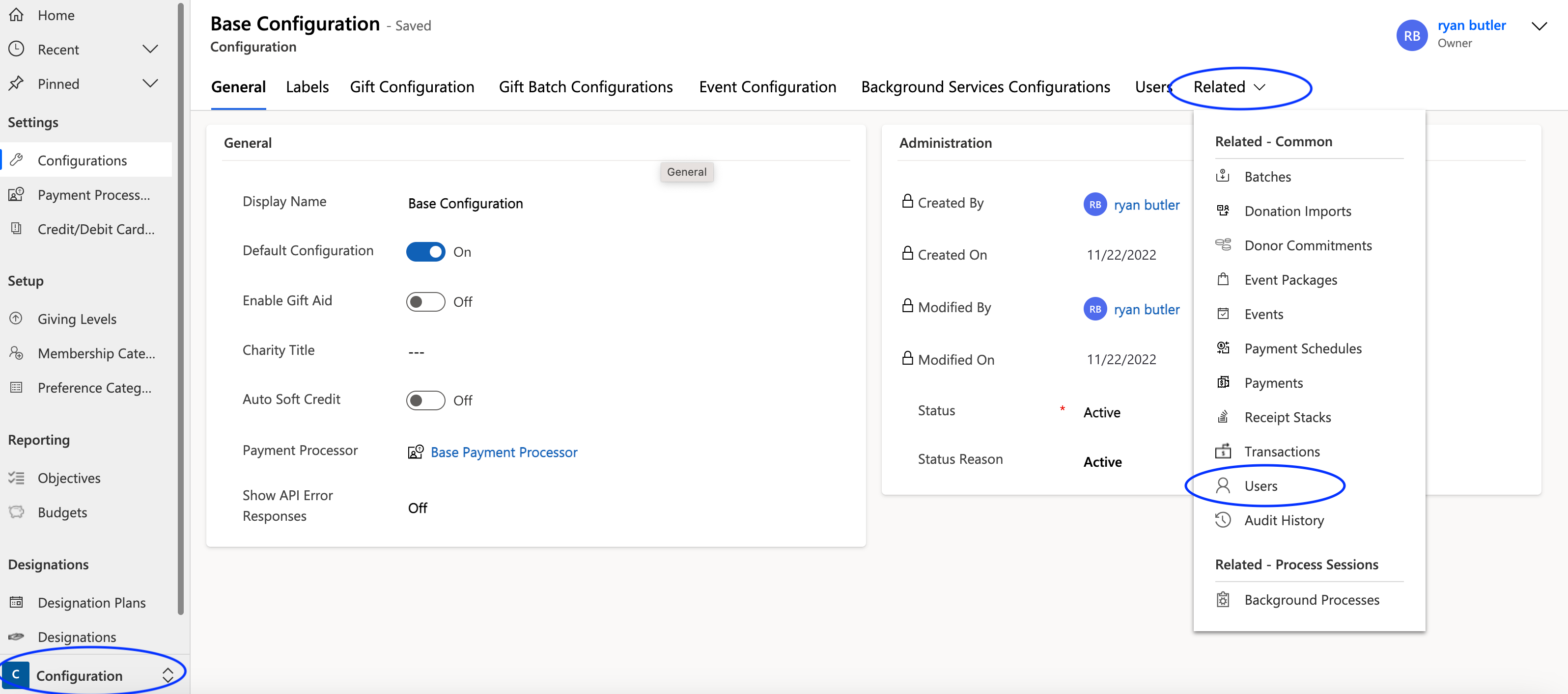 Screenshot of the base configuration in Dynamics