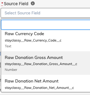 image of sample available source field options and field type shown