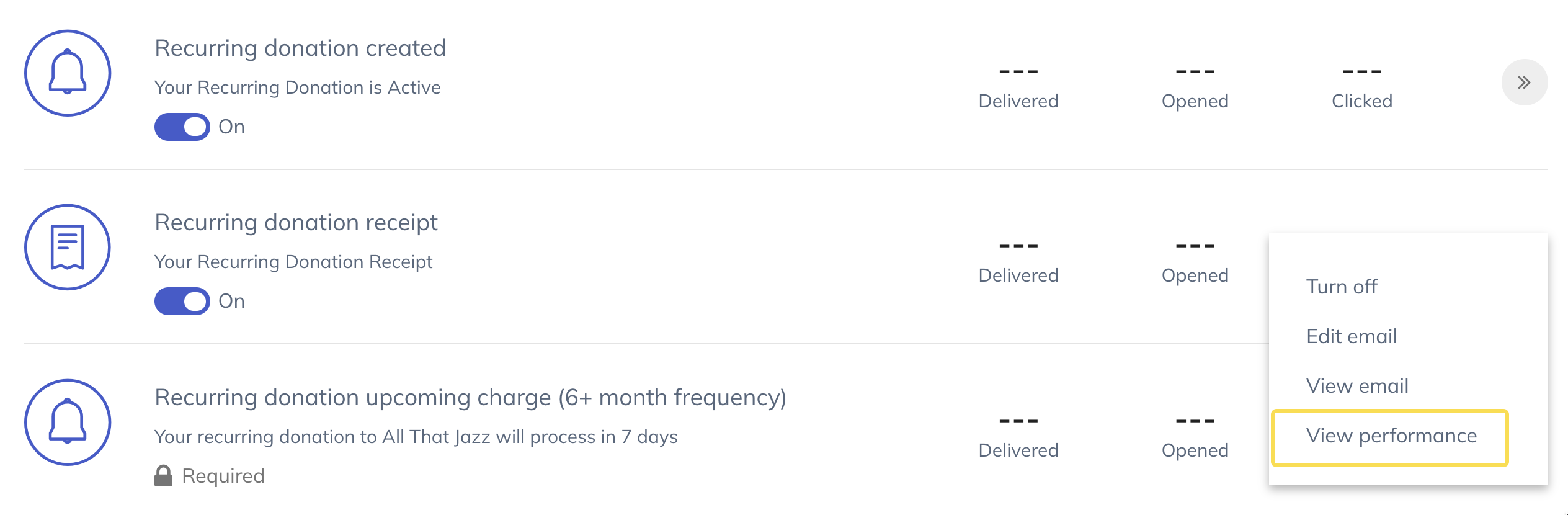 Screenshot of the email options dropdown