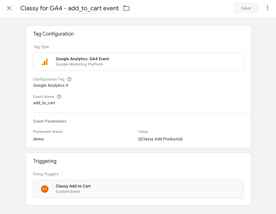 screenshot of a add_to_cart event tag in GTM
