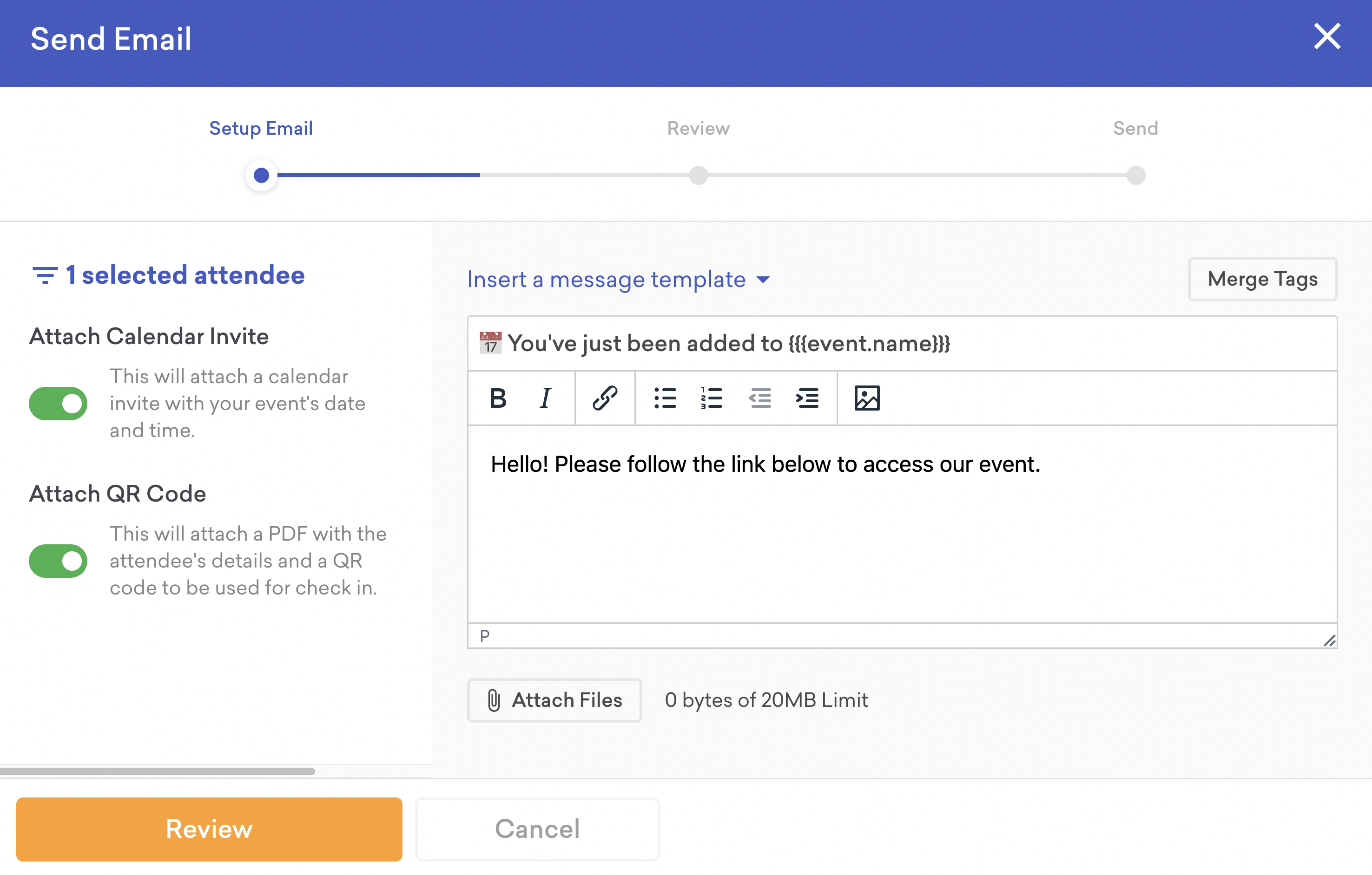 screenshot of the send email pop-up