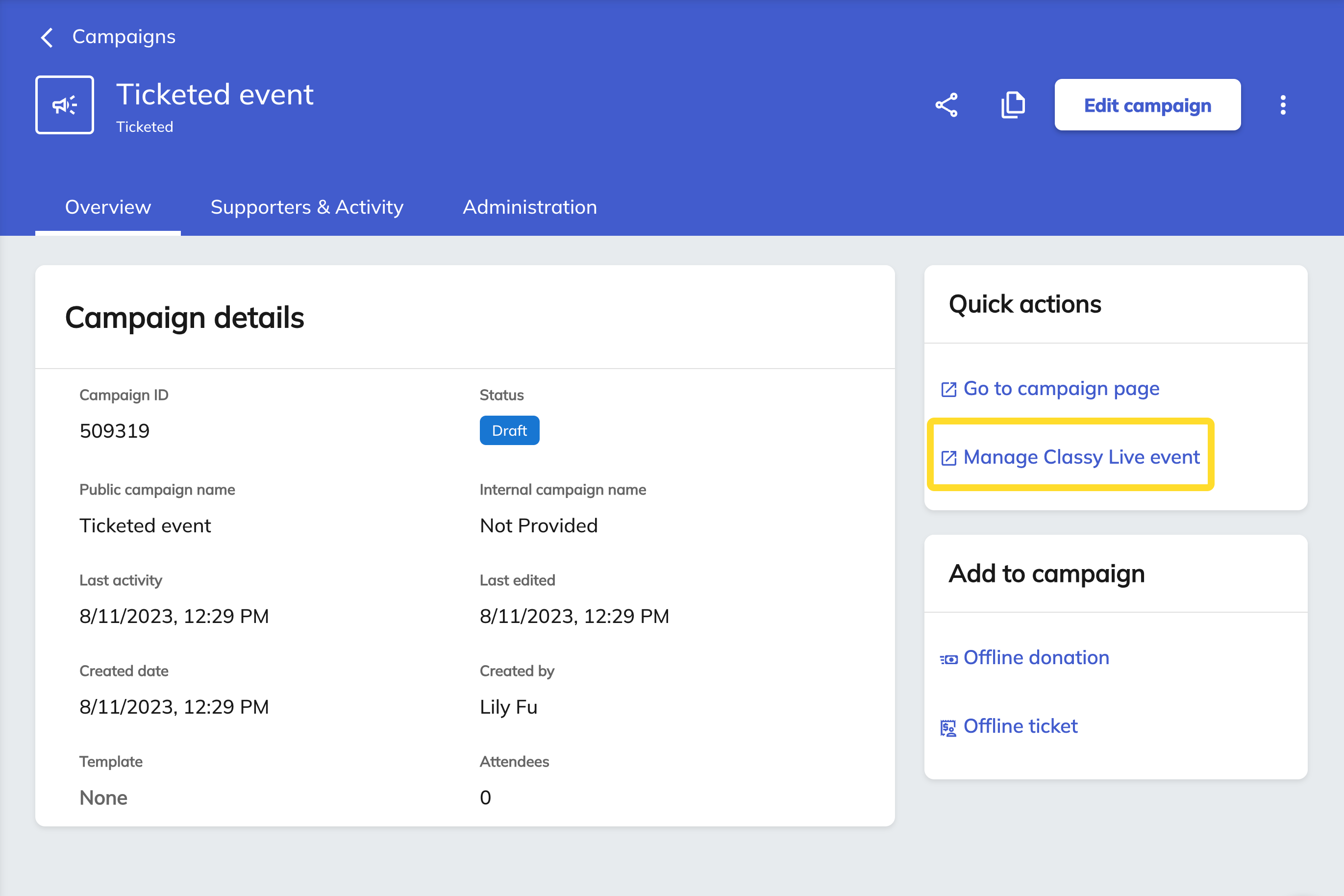 Manage Classy Live event link in Classy