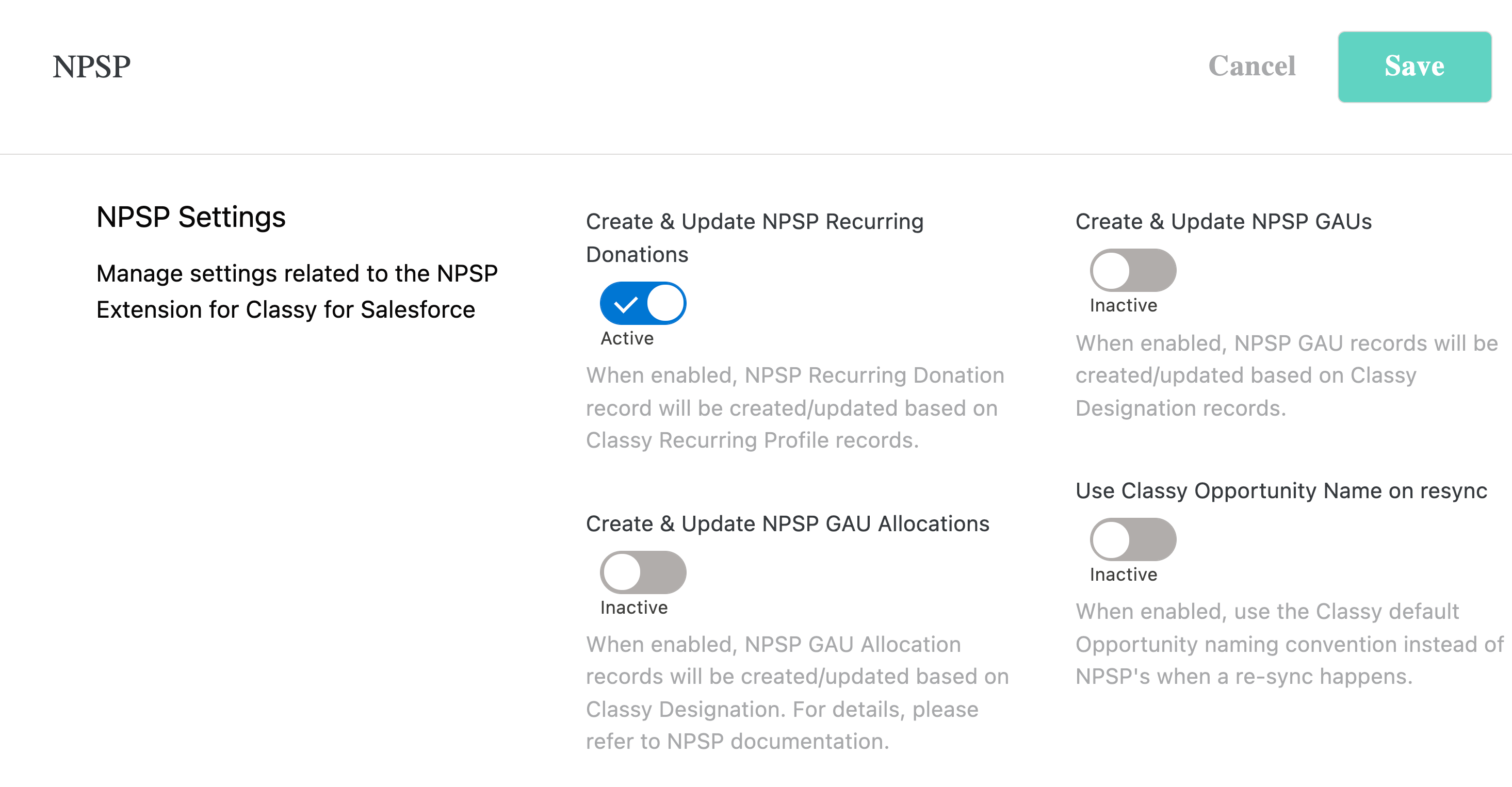 screenshot of NPSP settings tab