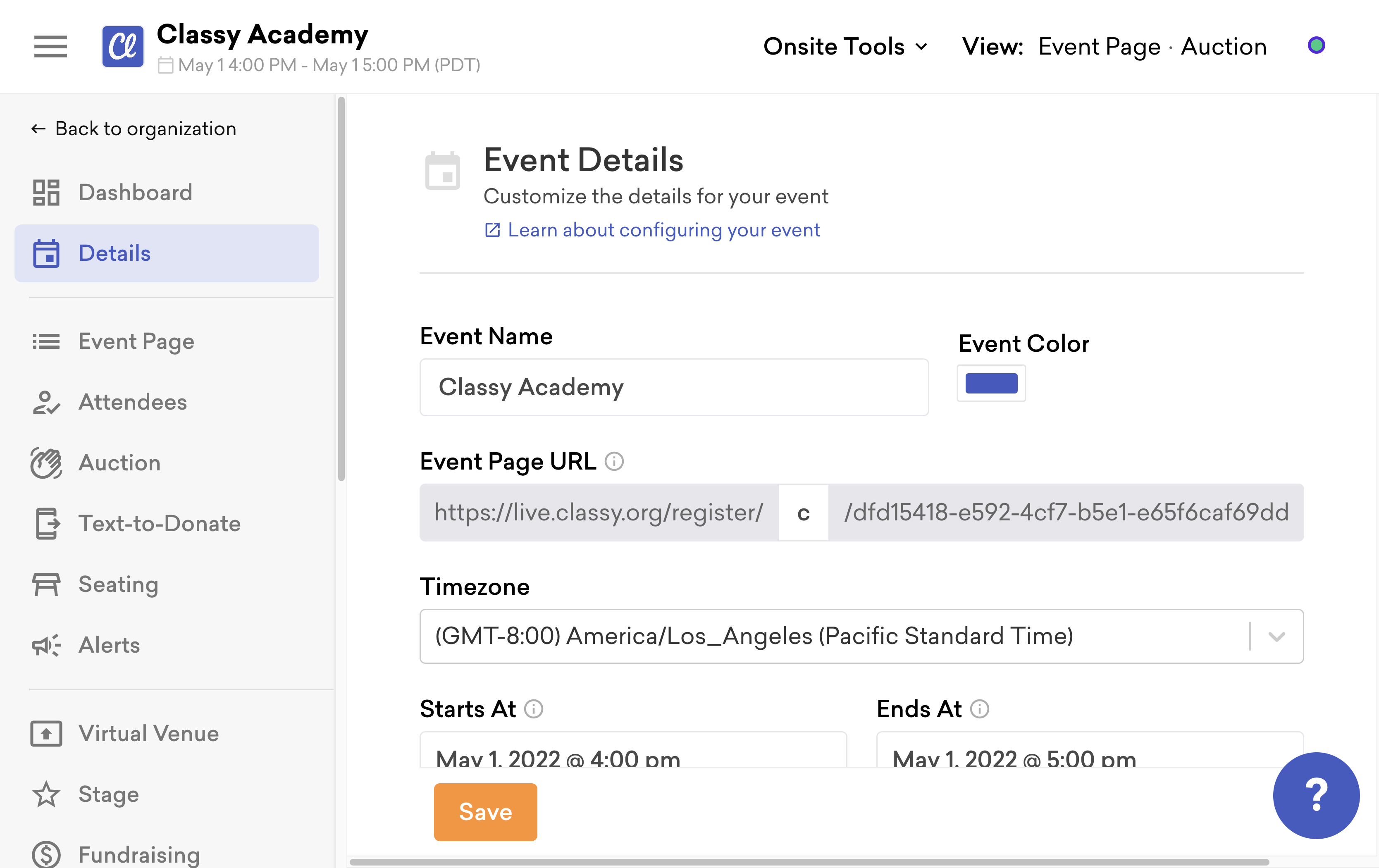 screenshot of the event details page