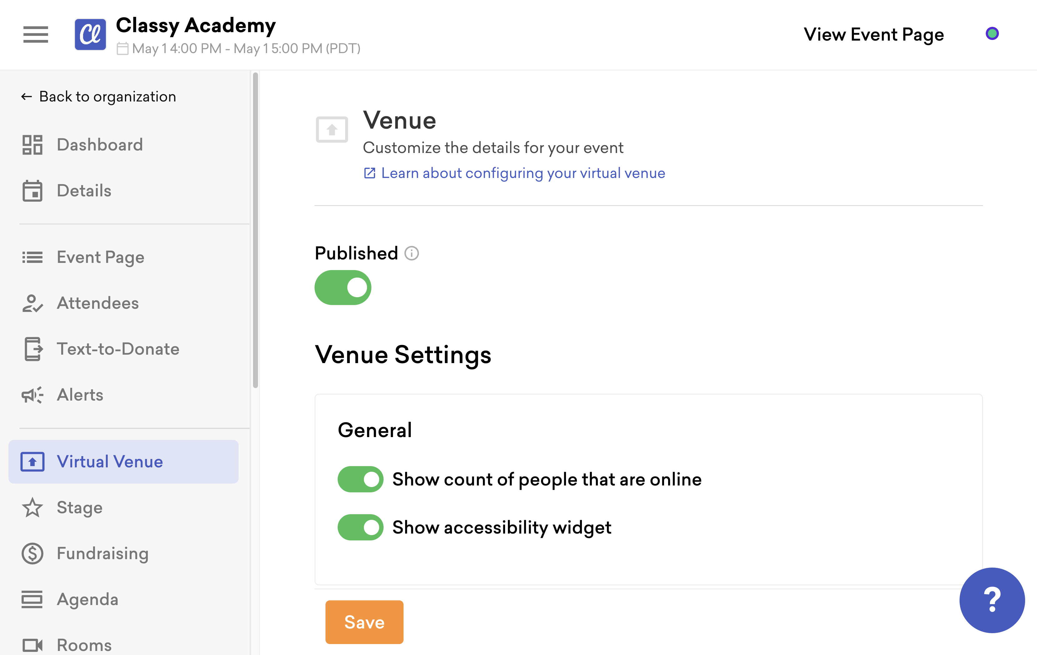 screenshot of the venue page