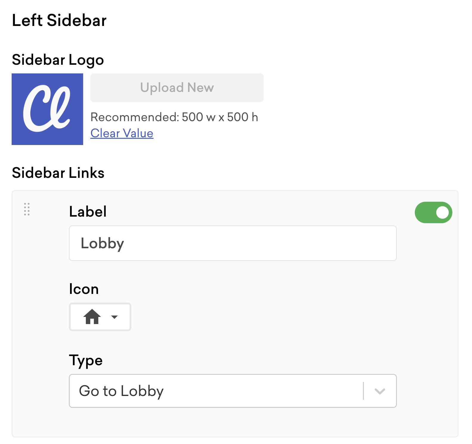 screenshot of the left sidebar settings