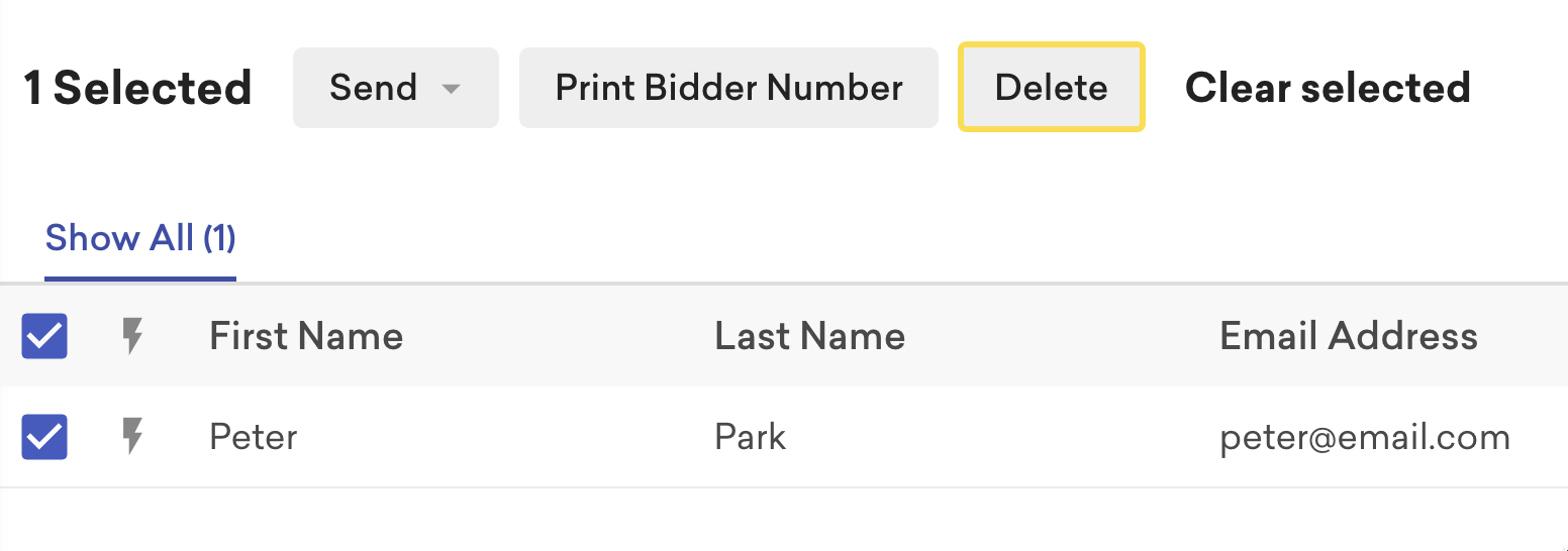 Screenshot of the delete attendee button in Classy Live